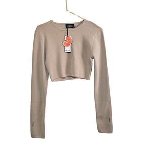 Cider Crop Sweater Womens Size XL Y2K Tan Rib Knit Stretch Streetwear Minimalist